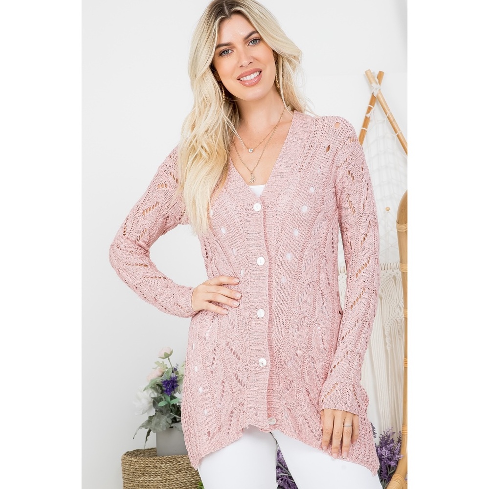 Light Knit Button Down Pointelle Cardigan Sweater - Blush